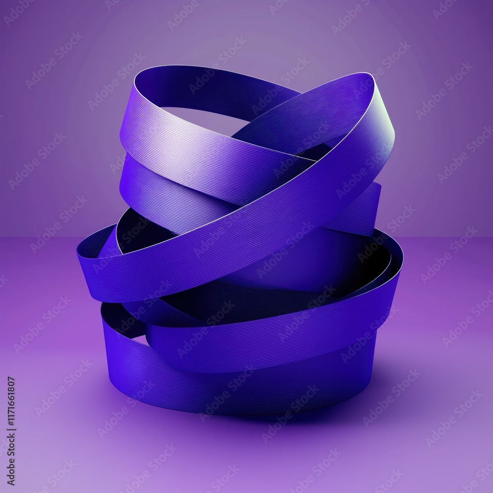Poster abstract design featuring twisting, overlapping purple ribbons on a gradient background.