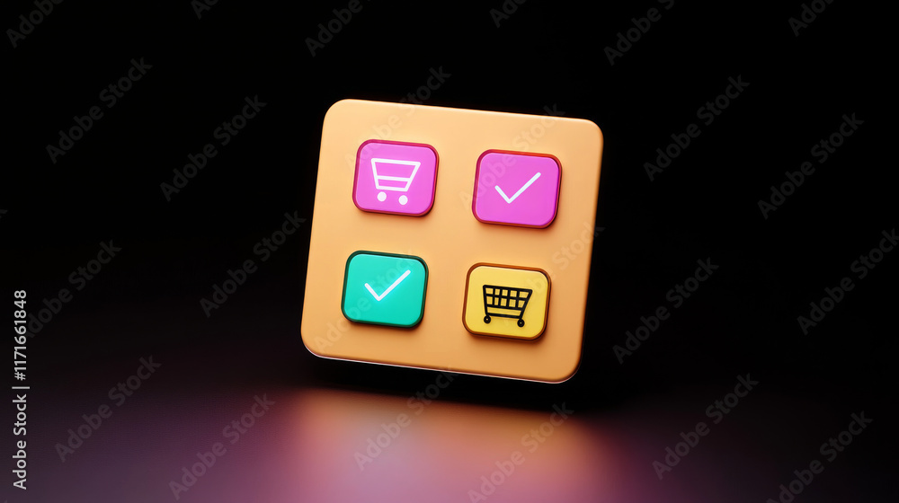 Aufkleber a colorful digital interface featuring four buttons related to shopping, represented by checkmarks a