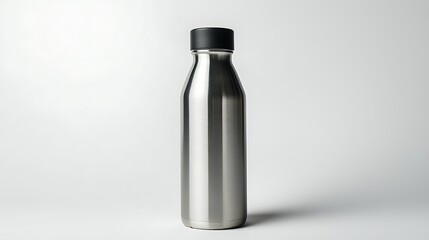 Isolated stainless steel water bottle with a black lid isolated on solid white background.