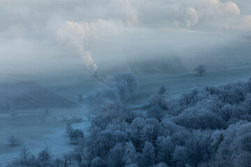 Fototapeta premium Steuobstwiesen bei Bissingen an der Teck. Voralbland im Winter. Frost im Tal. 