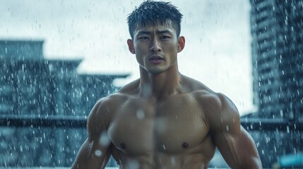 Asian athlete standing in the rain without a shirt, potential usecase for fitness, sports and weather concepts