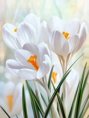 white crocus flowers on bright background with a spring time vibe