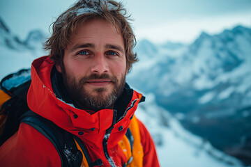 Mountain climber smiles in winter landscape with snow-covered peaks in the background