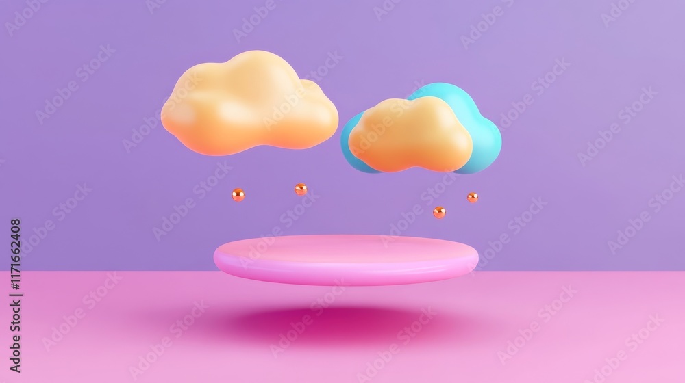 Aufkleber a whimsical 3d illustration featuring colorful clouds hovering above a pink platform against a soft 