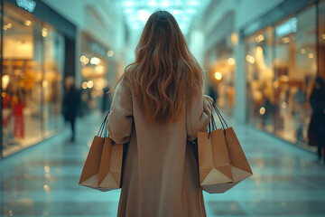 Woman shopping in a mall while carrying several paper bags in a stylish coat
