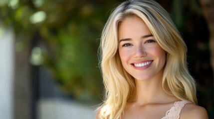 Obraz premium Beautiful Blonde Woman Smiling Closeup, Perfect for Chat Widget Icon