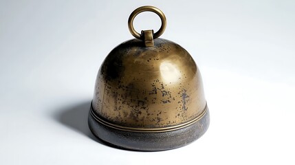 Isolated traditional brass bell with a loop handle isolated on solid white background.