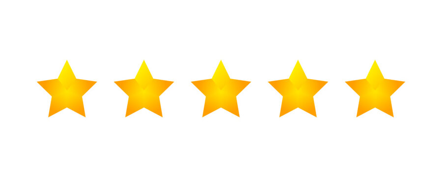 Five stars rating icon set. Yellow 5 star customer product review. Rating, feedback, quality transparent png and vector
