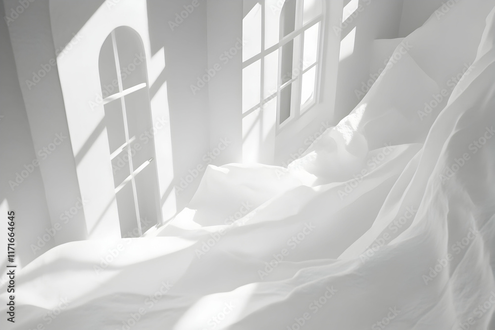 Aufkleber serene monochrome image of sunlit fabric draped across a room with large windows, creating a minimal