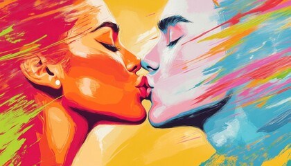 Couple kissing showing love and affection in colorful painting