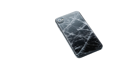 A sleek smartphone with a cracked back glass isolated on a transparent background, PNG