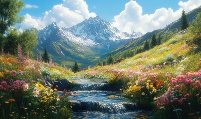 Obraz premium Mountain stream flows through vibrant wildflowers.