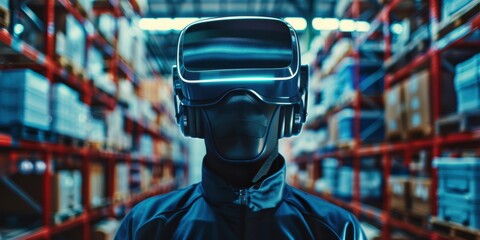Individual using VR headset for virtual inventory management, showcasing advanced technology in warehouse operations and futuristic stock organization