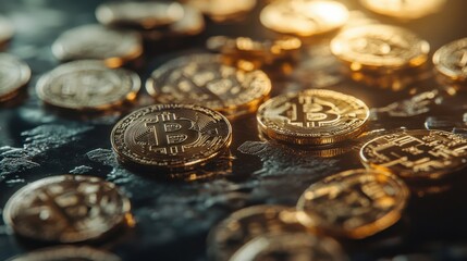 A collection of Bitcoin coins scattered on a reflective surface, with a blurred background showcasing a digital trading chart, representing the cryptocurrency market.