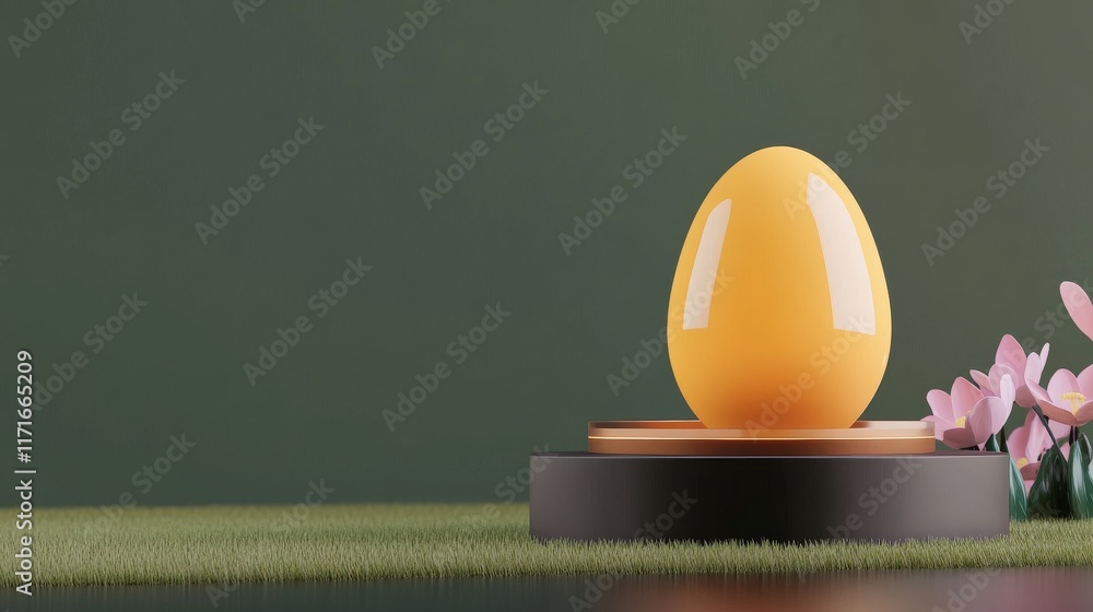 Poster a glossy yellow egg sits elegantly on a circular base with soft pink flowers in a serene green backd