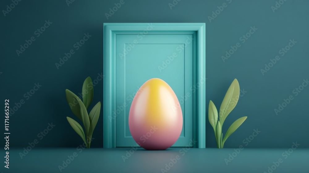 Poster a colorful egg is displayed in a teal frame, surrounded by green leaves, creating a vibrant and mode