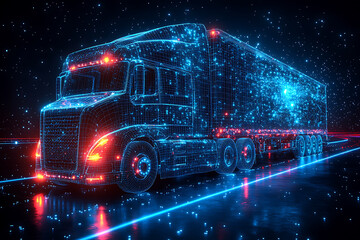 Glowing wireframe a modern truck on a transparent background, highlighted by a combination of blue and black data points


