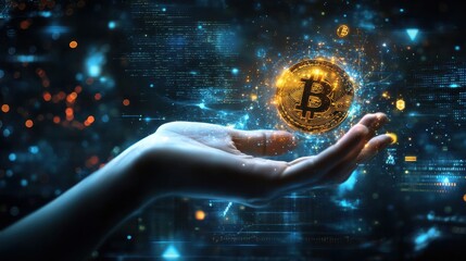 A hand holding a Bitcoin coin, with a laptop screen displaying cryptocurrency data in the background, emphasizing the connection between digital currencies and technology.