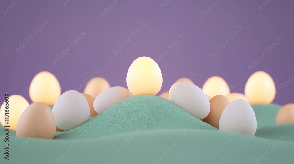 Poster a serene arrangement of eggs on a soft green surface against a purple backdrop, creating a calming a