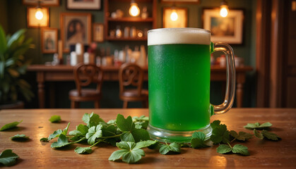 Green beer in a glass with leaves on a wooden table