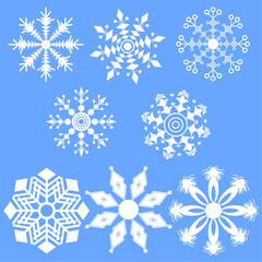 A set of white snowflakes on a blue background. Vector image.