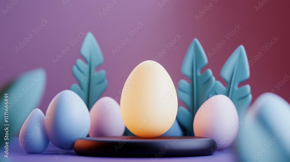 Poster a serene display of colorful eggs surrounded by leafy plants, set against a softly lit background, c