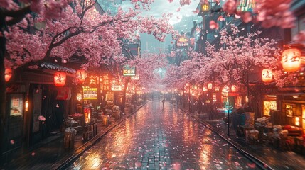 Rainy cherry blossom street, lanterns, Asian shops.
