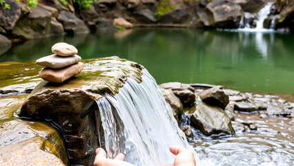 Home waterfall. Stones on the background of a reservoir. Waterfall with your own hands.