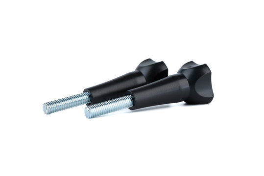 Two black threaded knobs with metal screws on white background.