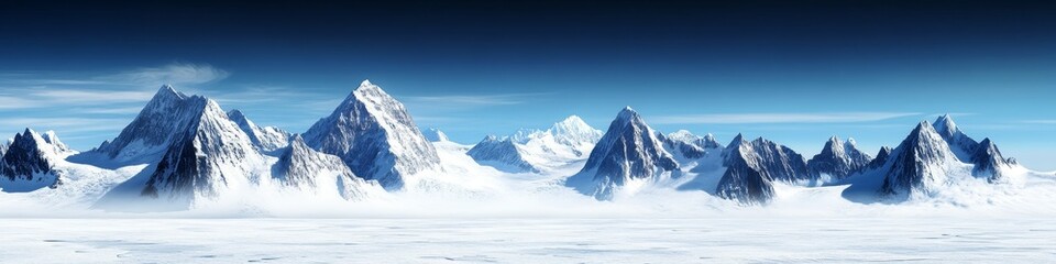 Obraz premium Panoramic view of snow-covered mountain under a clear blue sky.