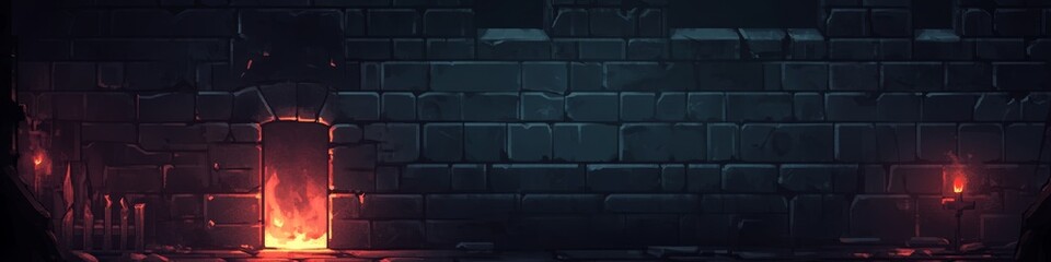 Obraz premium A dimly lit stone wall with a flickering fire and candles, creating a mysterious atmosphere.