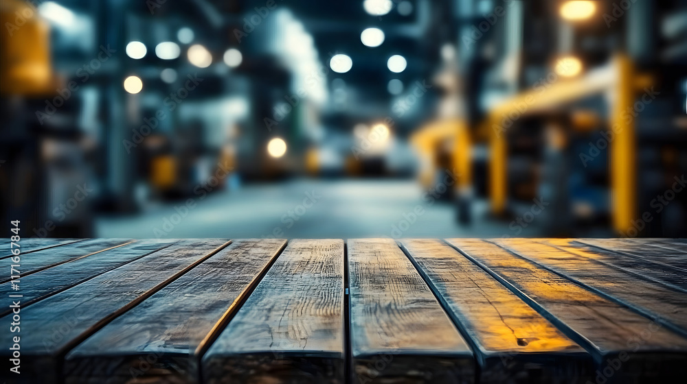 Aufkleber a close-up shot of an empty wooden table with a blurred industrial workshop factory in the backgroun