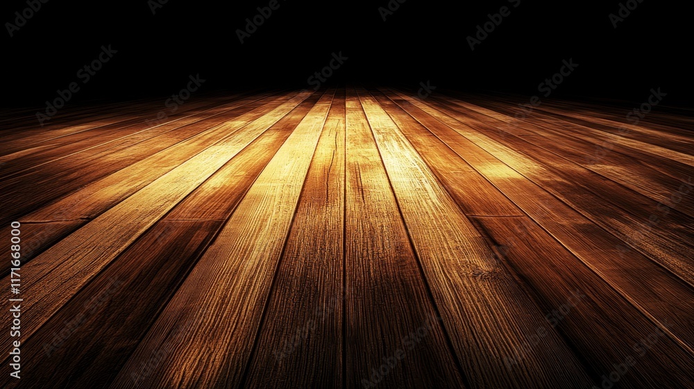 Poster a wooden floor illuminated by soft light, creating a warm and inviting atmosphere.