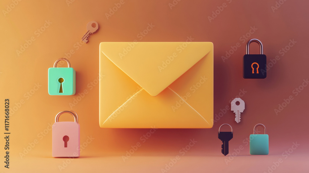 Aufkleber a bright yellow envelope surrounded by colorful locks and keys, symbolizing security and privacy in 