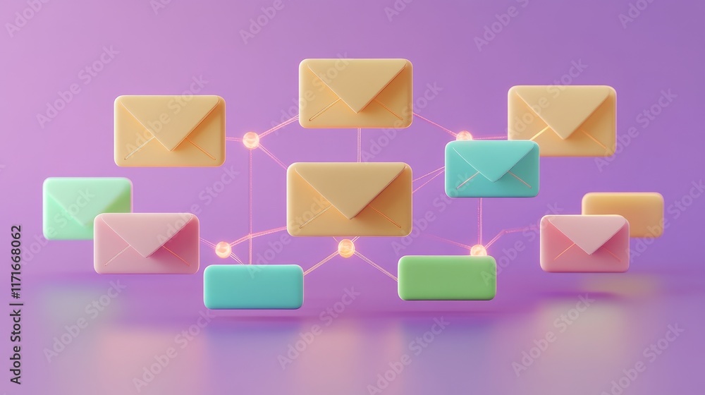 Aufkleber colorful envelopes connected in a network pattern against a purple background, symbolizing communica