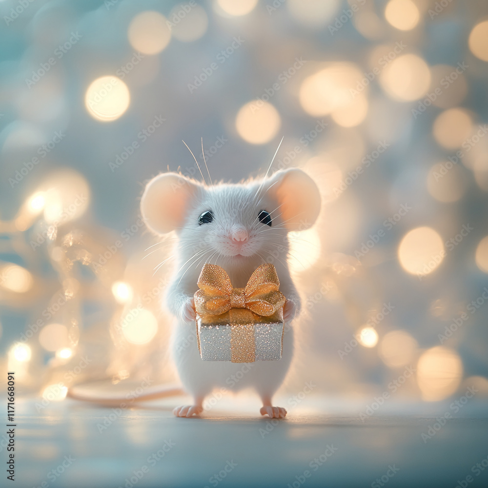 Poster festive white mouse holding a sparkling golden gift box with warm bokeh lights in the background