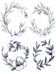Minimal botanical wedding frame elements on white background. Set of wreath, flowers, leaf branches in hand drawn pattern. Foliage line art design for wedding, card, invitation, greeting, logo.