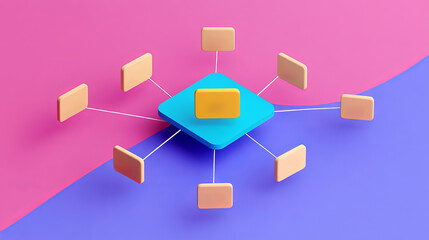 A colorful graphic illustrating a central platform with connected elements, symbolizing networking or data organization.