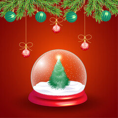 Festive New Year's composition. A balloon toy with a Christmas tree, Christmas tree toys with branches hanging from above. Design of postcards, banners, and packaging.