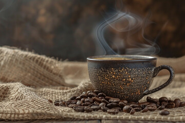 Freshly Brewed Espresso in a Coffee Cup with Creamy Swirl, Surrounded by Roasted Coffee Beans for a Rich Coffee Experience