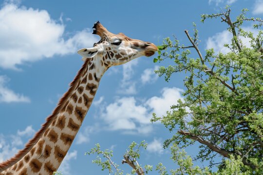 giraffe in the wild eating leaves of trees  - Powered by Adobe