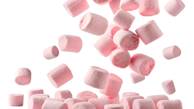 Pink marshmallows flying and stacked, isolated on a transparent background