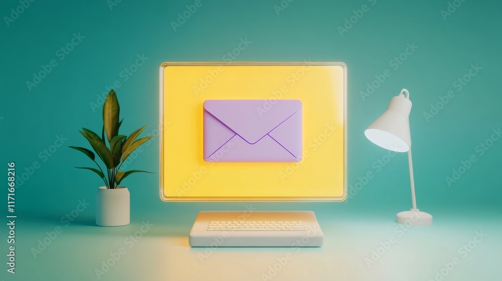 Aufkleber a colorful workspace featuring a computer monitor with a purple envelope, a lamp, and a plant, creat