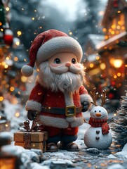 Adorable miniature Santa Claus figure standing beside a smiling snowman in a snowy village scene, surrounded by glowing lights, wrapped gifts, and festive decorations capturing the warmth and magic of