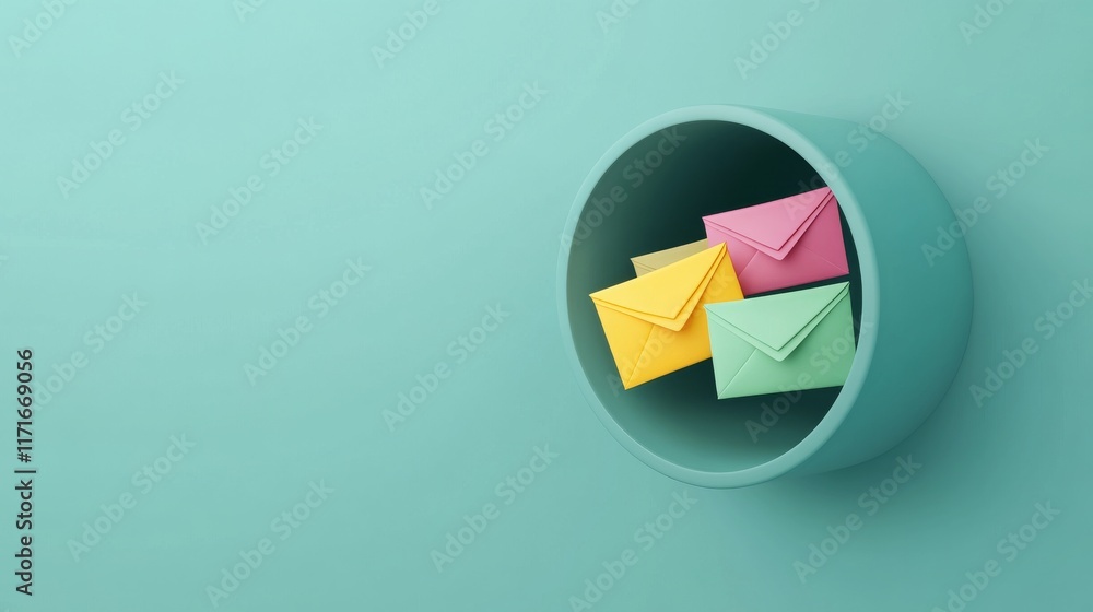 Poster a round container holds colorful envelopes against a mint green background, creating a vibrant and c