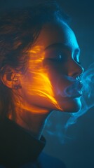 Artistic portrait of a woman in moody lighting with glowing orange light streaks across her face and soft smoke rising, evoking mystery, introspection, surreal beauty, and atmospheric visual storytell