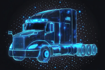 Glowing wireframe illustration of a modern truck, highlighted with blue and black data points on a transparent background, combining advanced technology with a sleek automotive design.

