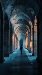 Silhouetted person walking through a long, dimly lit arched stone corridor with dramatic lighting, showcasing symmetry, solitude, mystery, and timeless architectural elegance in a quiet and contemplat