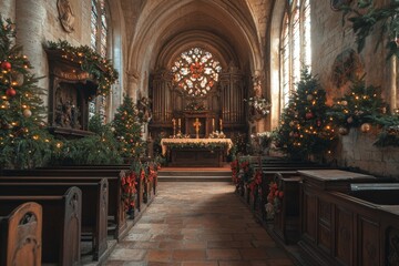 Fototapeta premium Gorgeously Church Interior with Christmas Trees, Garland, and Candlelit Altar Featuring Stunning Stained Glass Windows and a Serene Holiday Ambiance