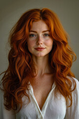 Obraz premium A woman with long red hair and freckles on her face